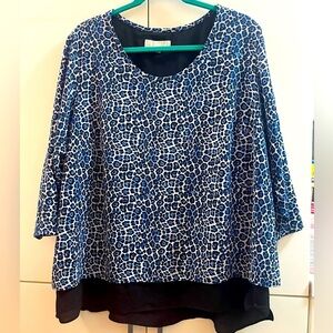 Michael Kors Blue Animal Leopard Print 3/4 Sleeves Layered Blouse Top-Size 2X